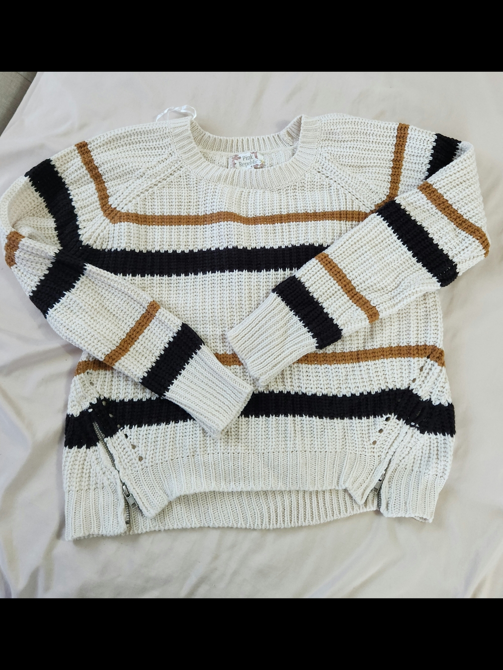 Pink Republic Ivory Crewneck Sweater with Black & Tan Stripes